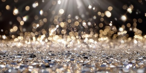 Glittering golden and silver confetti with bokeh lights and shining rays, creating a festive and luxurious celebration atmosphere.