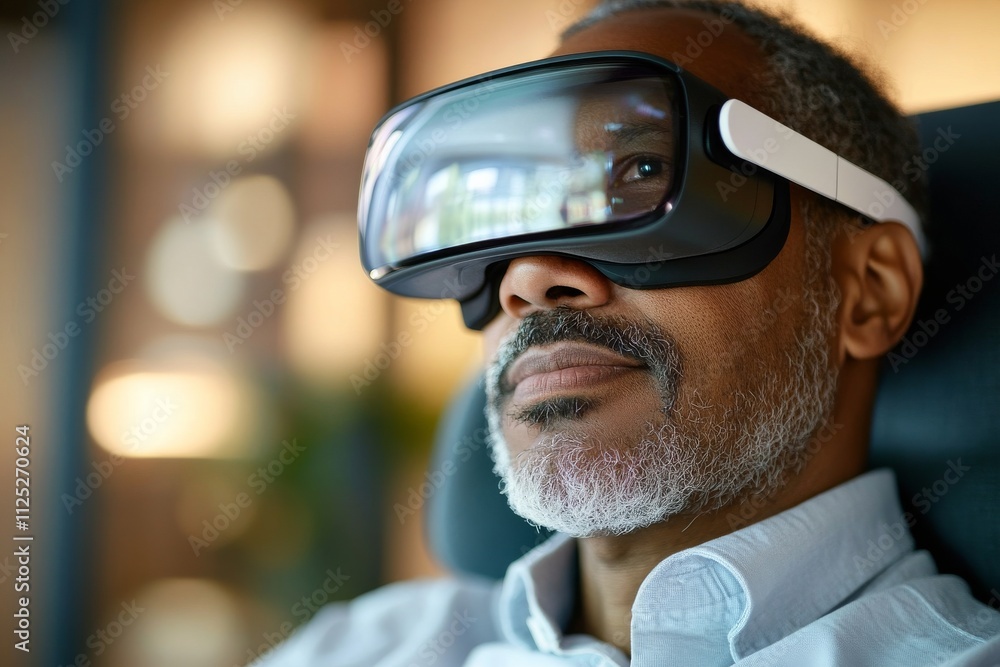 Poster man experiences virtual reality technology while seated in a modern indoor environment