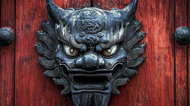 Intricate lion door knocker on a textured red wooden door in an ancient temple setting