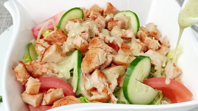 salade compos&eacute;e au poulet et crudit&eacute;s, en gros plan