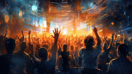 People dancing on the night party in club. Happy crowd having fun dancing with music.