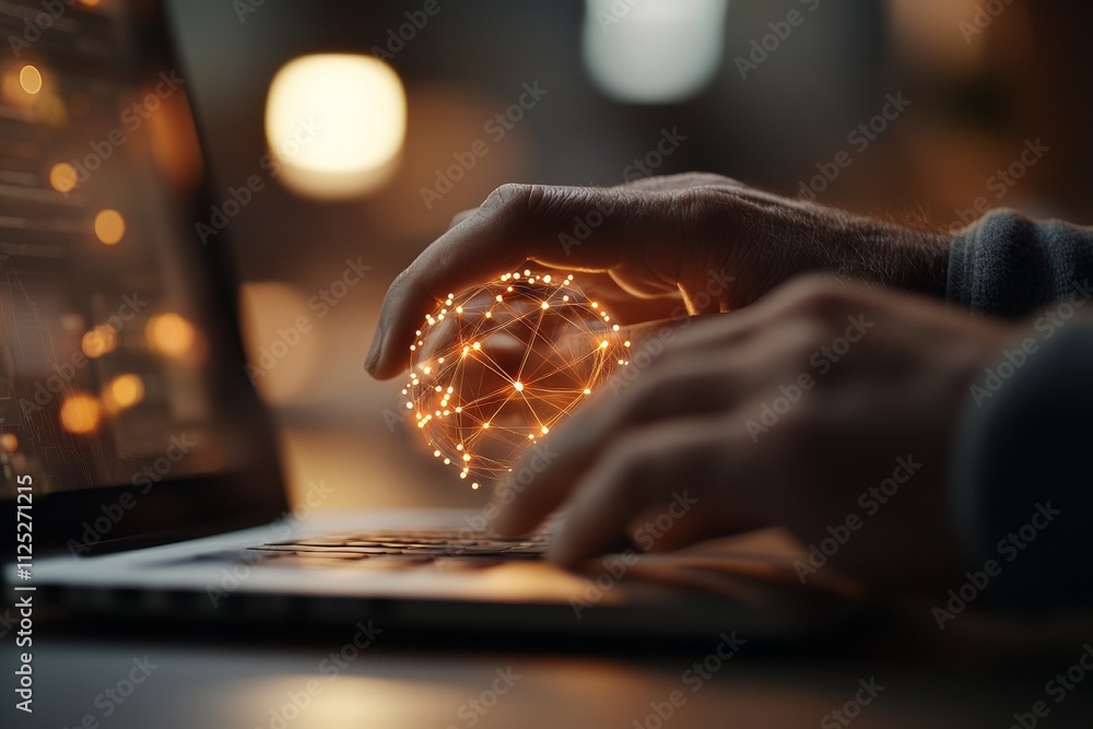 Aufkleber hands interacting with a glowing digital globe while typing on a laptop in a dimly lit environment