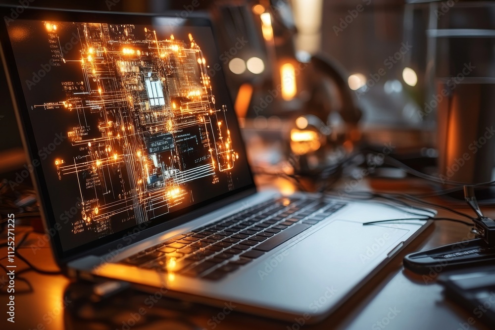 Poster modern laptop displaying vibrant circuit board design in a tech-savvy workspace