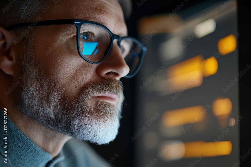 Poster man focused on computer screen while working late at night in a dimly lit room