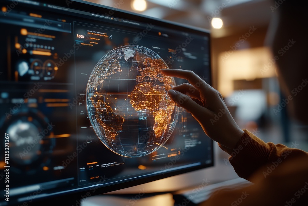 Poster touchscreen technology enables detailed exploration of world geography with glowing interface elemen