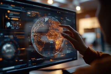 Touchscreen technology enables detailed exploration of world geography with glowing interface elements