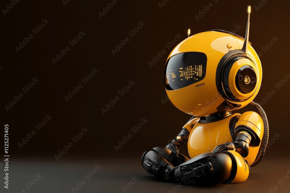 Poster cute yellow robot character sitting on a dark surface with a friendly expression and high-tech featu