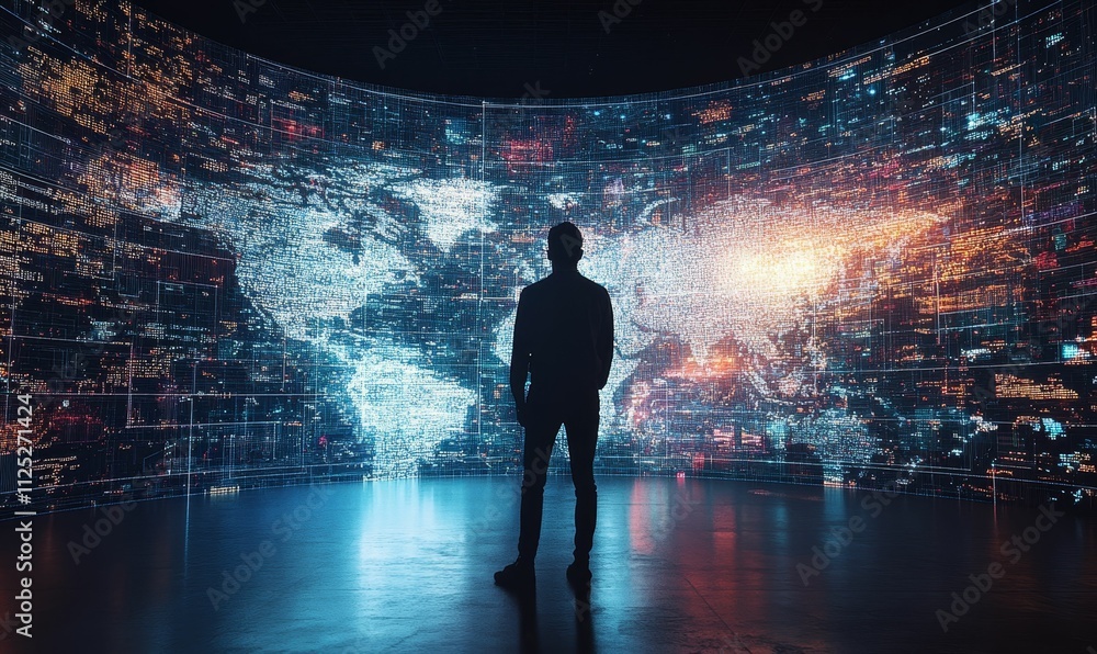 Poster silhouette observes global data visualization.