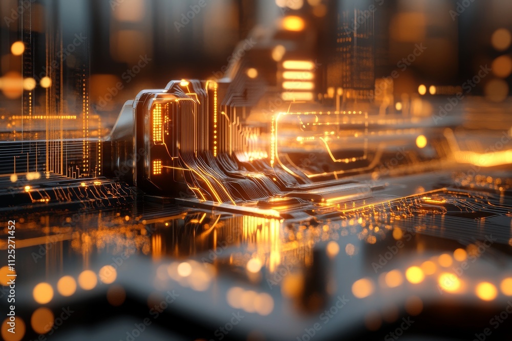 Aufkleber digital circuitry glows with vibrant orange light in an abstract close-up view showcasing technology