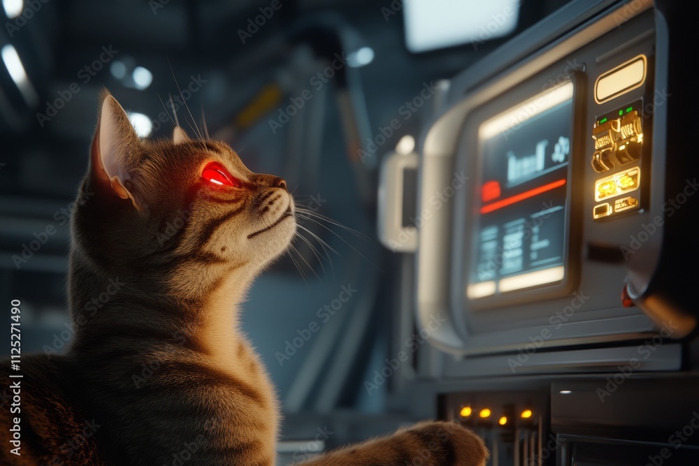 Aufkleber cat interacts with futuristic computer in a spaceship control room during a mysterious space mission