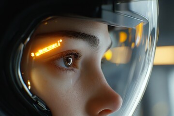 Close-up of an astronaut's eye reflecting advanced technology in a futuristic setting