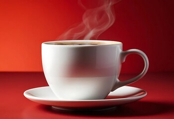 A white coffee cup with steaming hot coffee, on a red surface.

