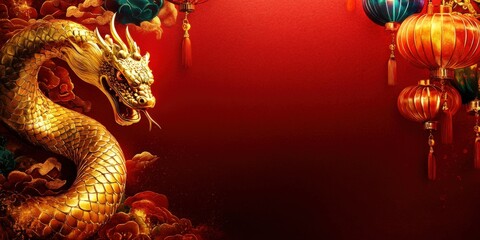 Fototapeta premium Golden snake with multicolored lanterns, swirling clouds on bold red background. Festive Chinese New Year 2025 zodiac banners, cards, invitations, posters. Lunar holiday design template.