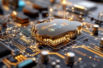 Cloud computing symbol on intricate circuit board with glowing elements at close range