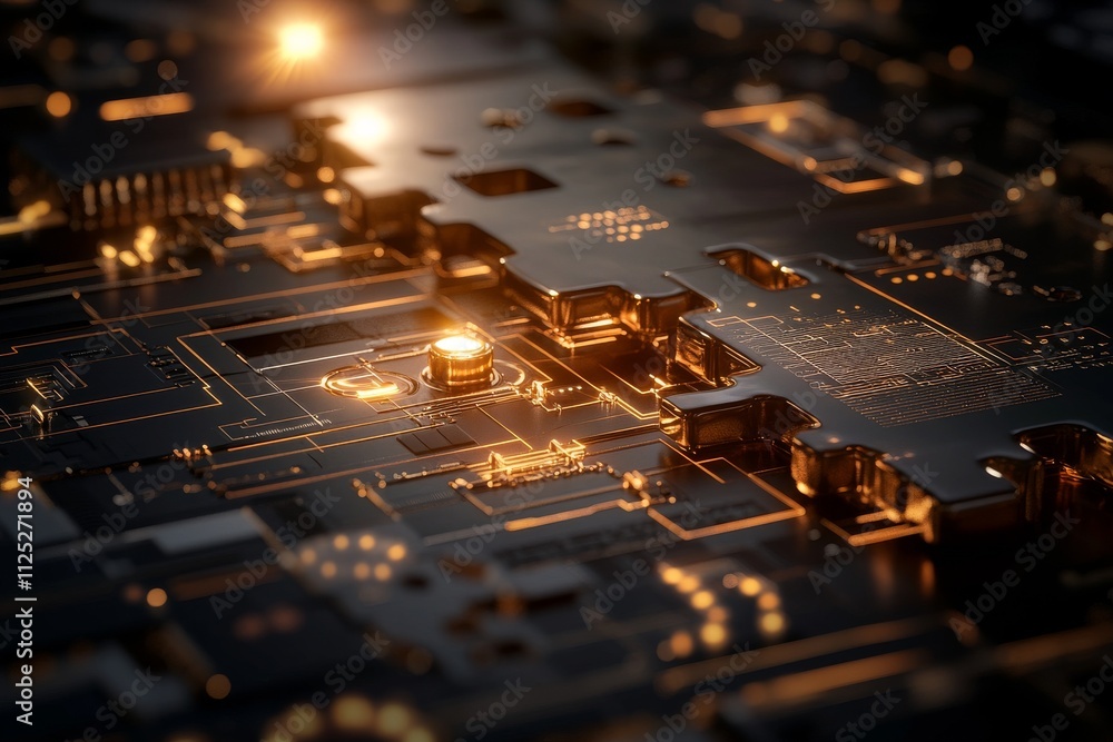 Poster circuit board technology illuminated by warm lighting showcasing intricate designs and patterns