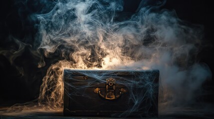 A mysterious chest surrounded by cobwebs, releasing pale, ghostly smoke into the air