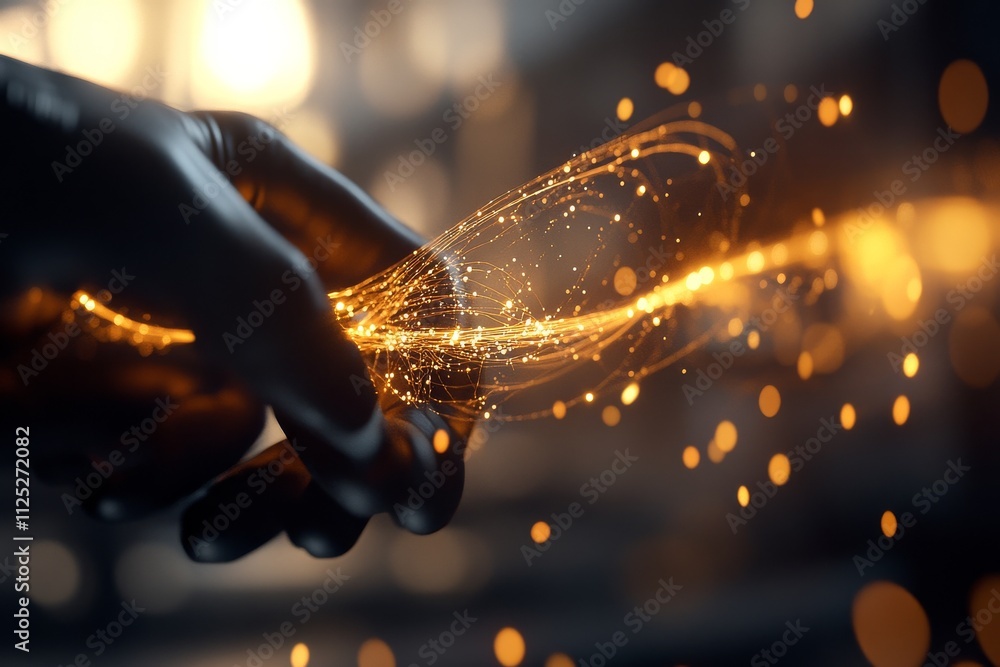 Poster hands create shimmering golden light trails in a mystical ambiance during an artistic display