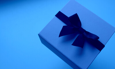 Soft Blue Color Souvenir Box Tied With Ribbon and Bow. Classic Greeting  Design Copy Space Image