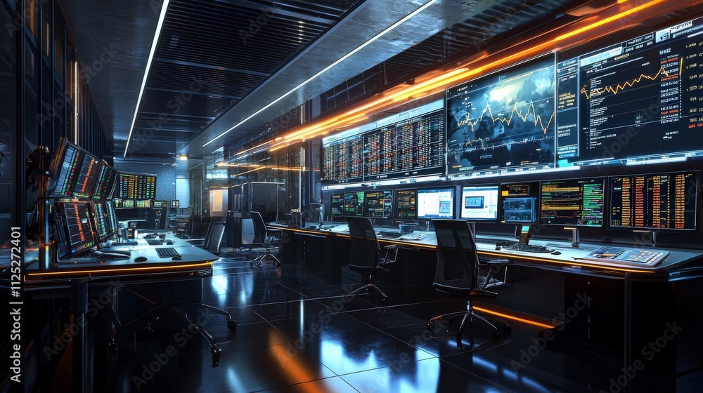 Poster dynamic energy stock portfolio trading hub financial district digital workspace high-tech environmen
