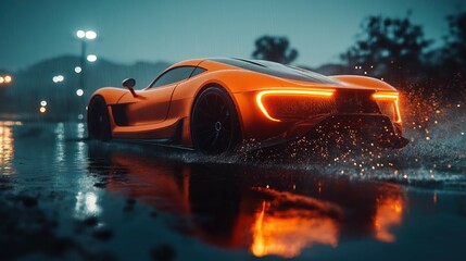 Sleek Orange Supercar Racing Through Rainy Night