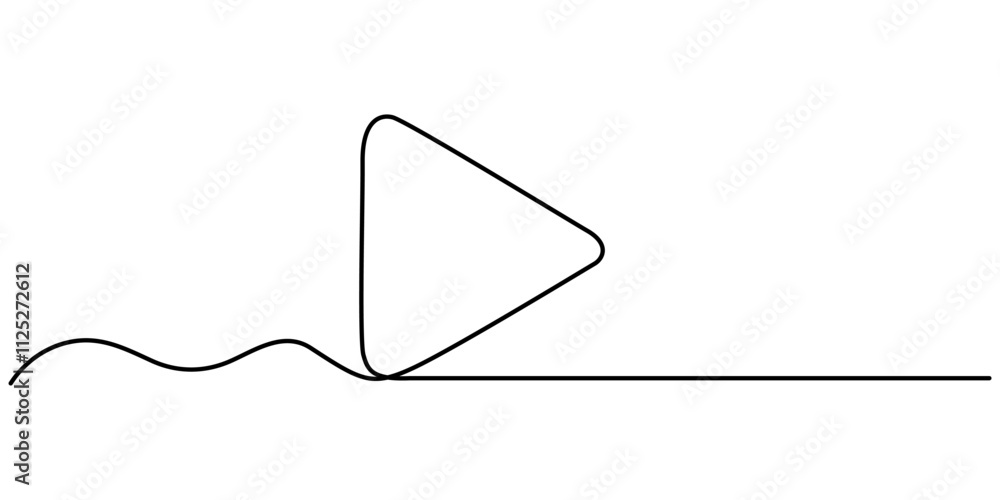 Poster play button webpage user interface icon in thin line style, play button continuous one line drawing,