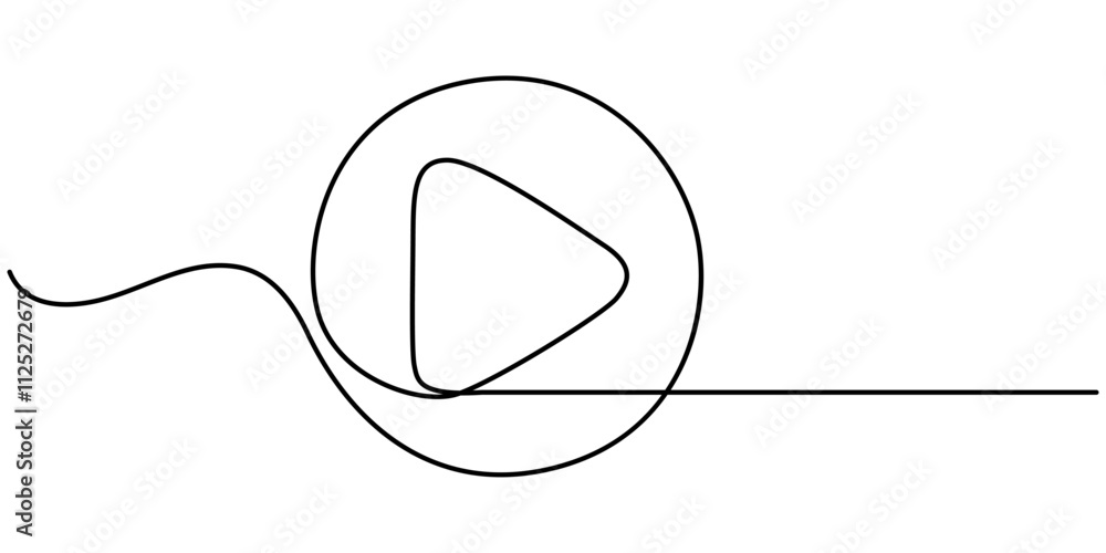 Poster play button webpage user interface icon in thin line style, play button continuous one line drawing,