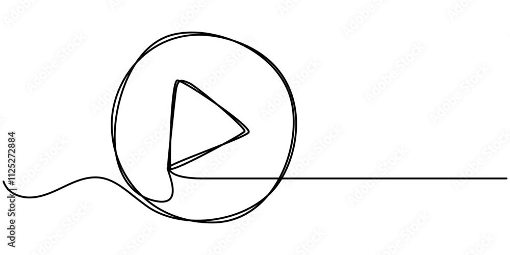Poster play button webpage user interface icon in thin line style, play button continuous one line drawing,