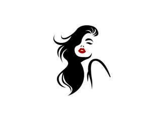 Vector illustration of black and white silhouette of a girl's face with curls and red lips	