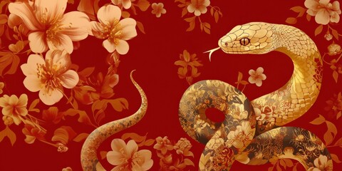 Fototapeta premium Luxurious snake with multicolored floral and geometric patterns on red background. Minimalist Chinese New Year 2025 zodiac design with space for text. Perfect for cards, banners, posters, branding.