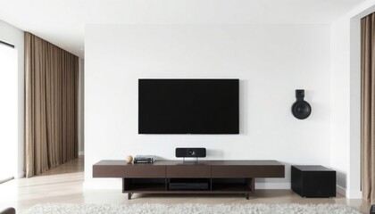 TV speakers living room inspirations featuring sleek, integrated sound systems in modern media consoles or wall-mounted speakers for a premium viewing experience