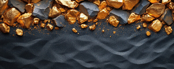 Obraz premium Gold nuggets and stones lying on black sand forming a textured background