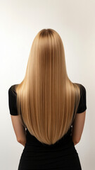 Naklejka premium Woman showing long straight blonde hair on white background