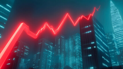 Naklejka premium A dynamic representation of digital financial growth, featuring a glowing red line graph symbolizing stock market returns. Development and digital financial evolution