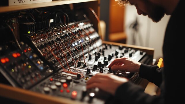 Person operating complex electronic music equipment.