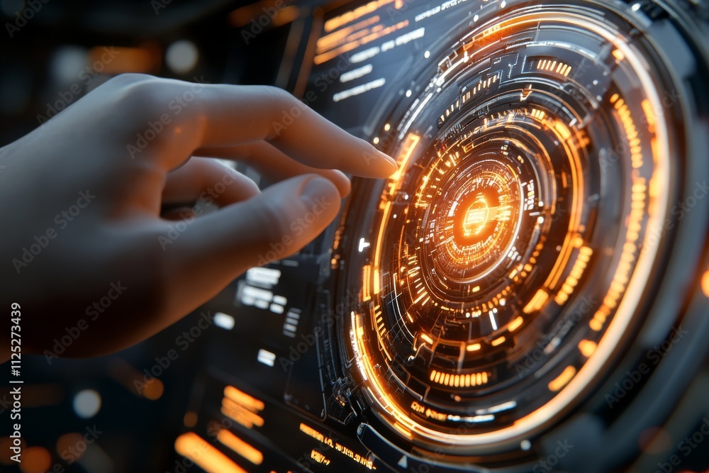 Aufkleber touching a futuristic digital interface with glowing orange elements in a high-tech environment
