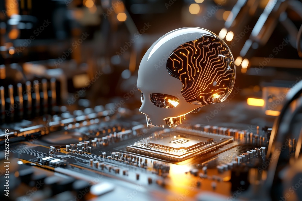 Aufkleber cybernetic skull floats above a microprocessor in a futuristic technology environment