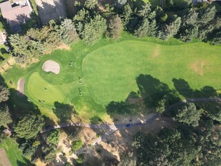 A golf course with a green grassy field and a few trees