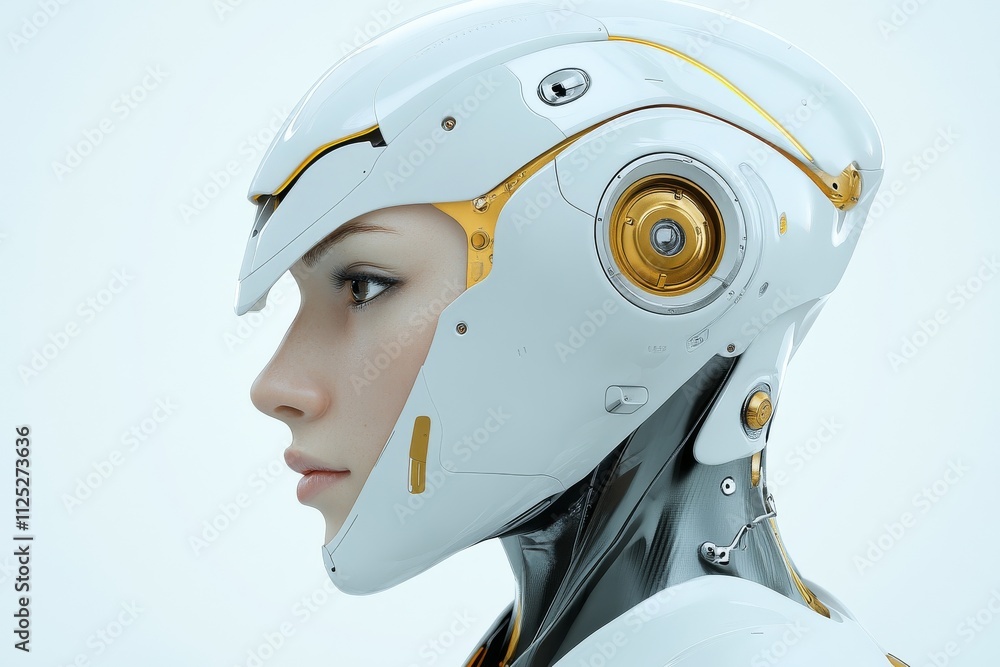 Poster futuristic humanoid robot with elegant design showcasing advanced technology in a minimalist environ