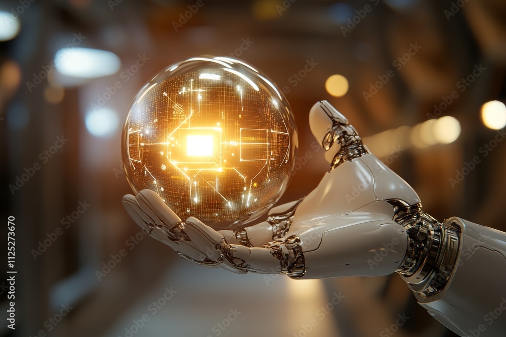 Aufkleber robotic hand holds glowing spherical object in futuristic setting showcasing advanced technology and