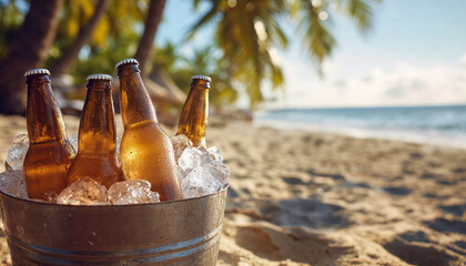 Metal bucket with ice cold beer bottles on tropical beach