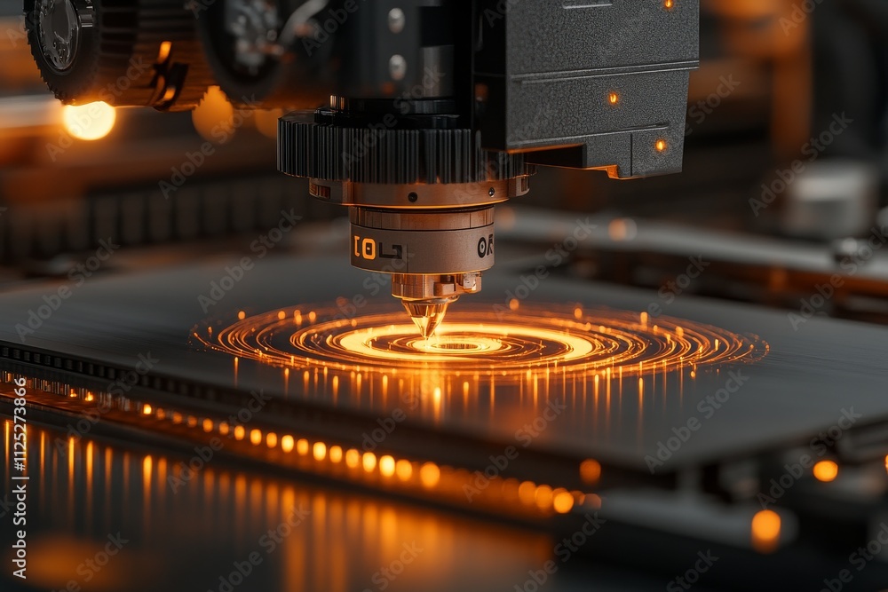 Poster laser cutting machine creating intricate designs on metal sheet in a modern workshop