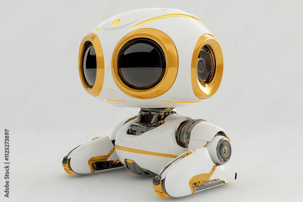 Poster friendly robot companion with rounded features interacting in a futuristic environment designed for 