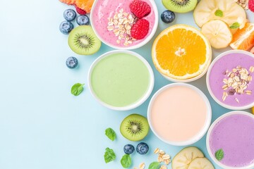 An array of colorful smoothie bowls with tropical fruits and oats, surrounded by fresh ingredients on a pastel blue surface.