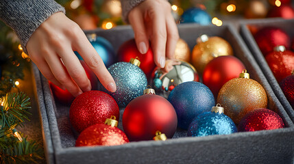 Box containing Christmas balls of different colors
