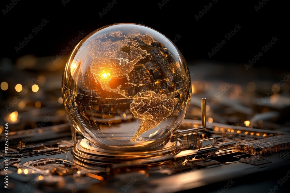 Aufkleber golden globe showcasing illuminated world map resting on intricate circuit board design at sunset