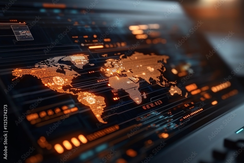 Leinwandbilder digital world map display showing global connectivity in a high-tech environment during the evening