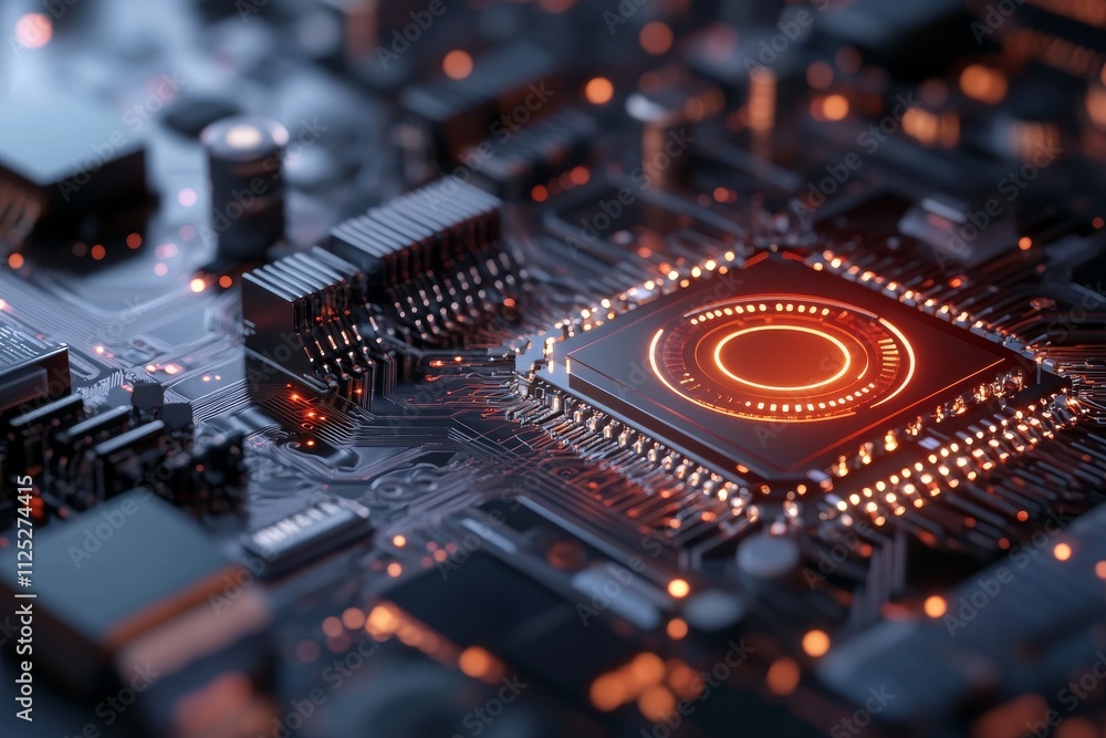 Poster high-detail close-up of a modern microchip illuminated with glowing orange lights inside a complex c