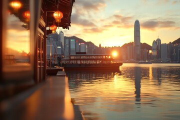 Stunning sunset view from a waterfront restaurant overlooking Hong Kong's skyline and harbor with traditional boats