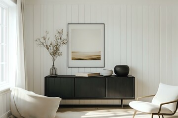 Contemporary home interior showcasing a black sideboard over white wall paneling, a matching dresser, and a poster for modern decor, natural lighting