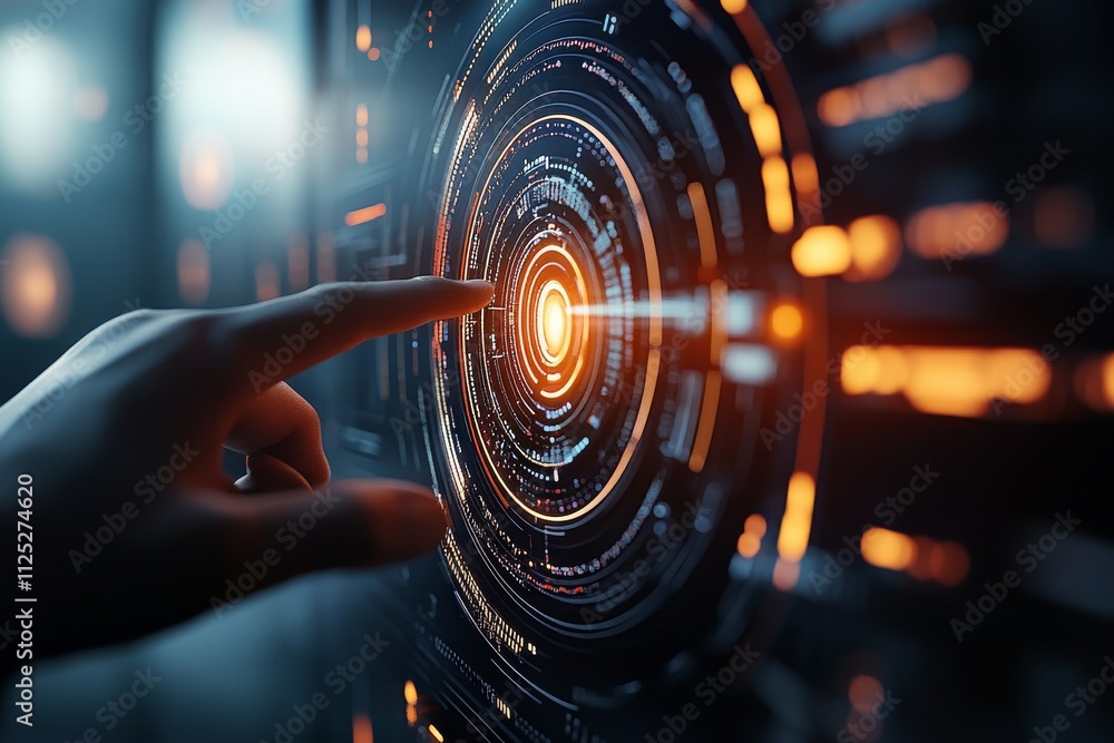 Poster interacting with a futuristic digital interface showcasing glowing circular patterns and vibrant col
